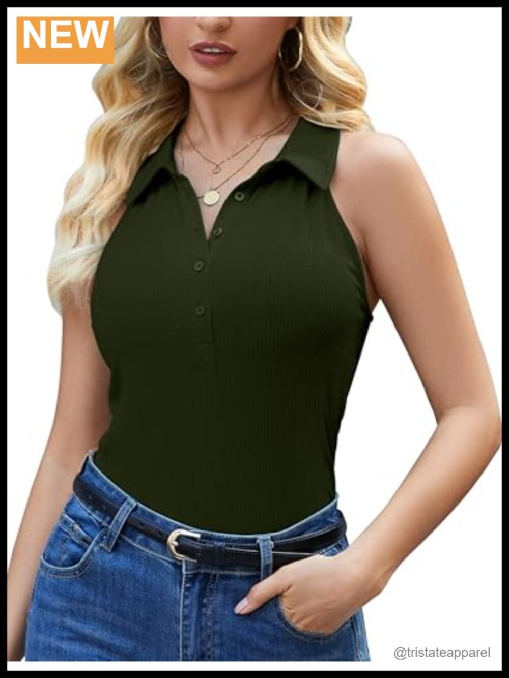 Women's Sleeveless Ribbed Knit Polo Tank Top - Cotton Blend, Collared V-Neck,